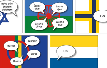 De nationella minoriteternas flaggor med ordet hej i pratbubblor på de olika språken.