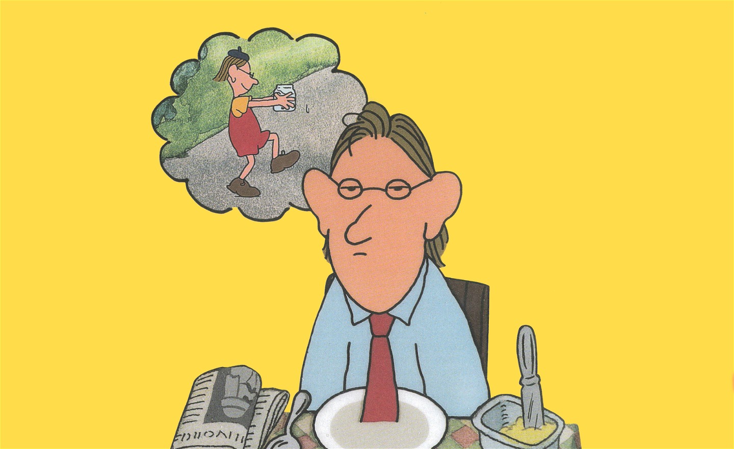 Farbror i blå skjorta och röd slips. Han sitter vid frukostborden och tänker att han är en liten pojke som leker. 