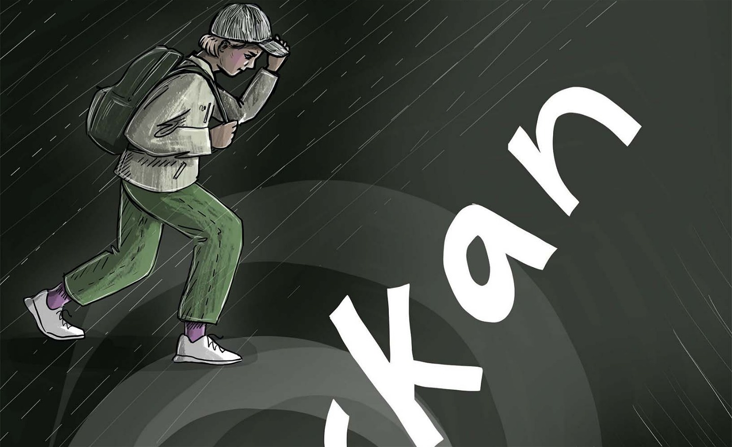 Illustrerad bild av en pojke som går med ryggsäck och keps och som ser ensam ut. 