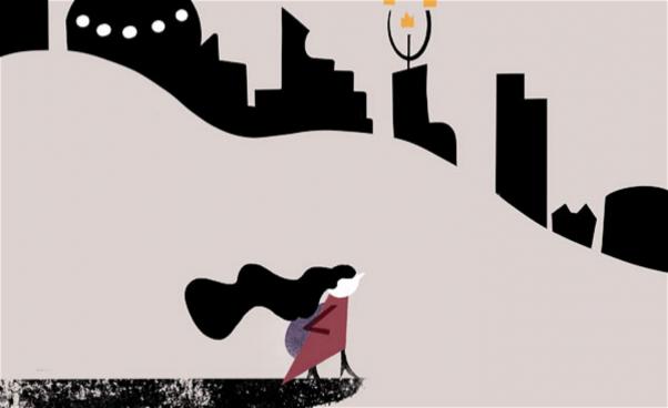 En stad i silhuett med en flicka i förgrunden.