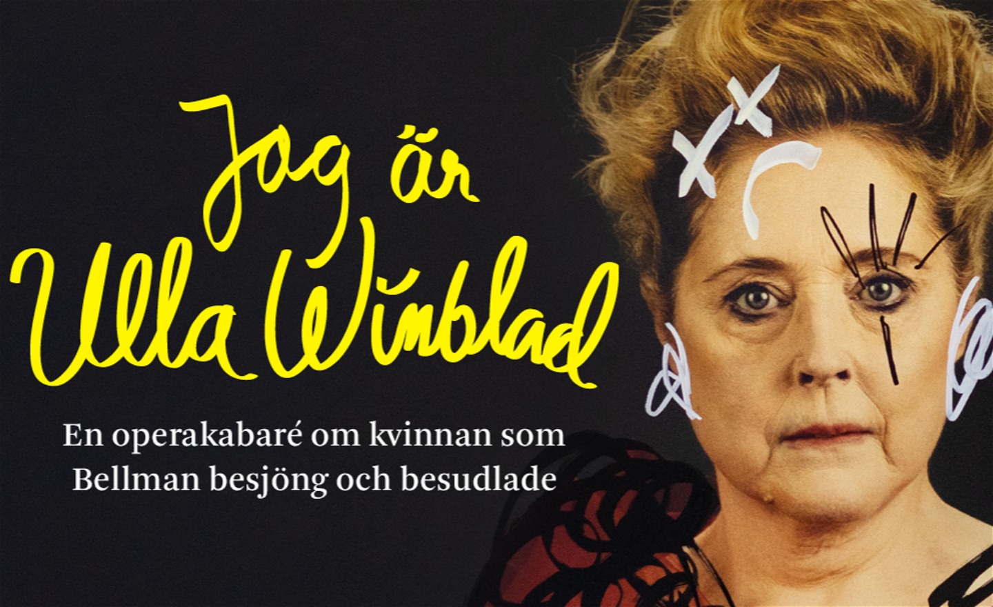 En porträttbild av Hanna Dorsin som Ulla Winblad, med klotter i ansiktet. 