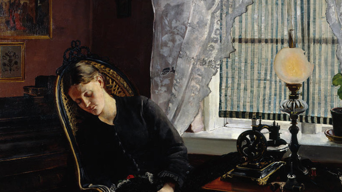 En målning av en kvinna i sekelskifteskläder som sitter och sover i en korgstol. 