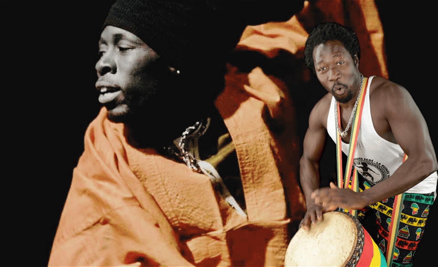   Dansare i rörelse och trumspelare på mörk bakgrund, som förmedlar rytm, gemenskap och glädje. 