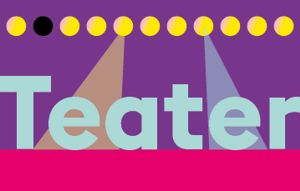 Grafisk bild med ordet Teater på en bakgrund med olika färgfält.