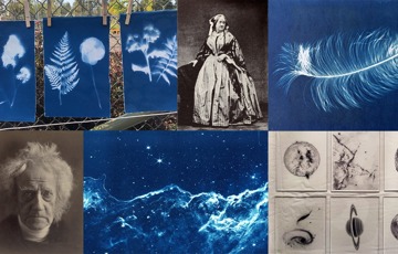 En tvättlina med fotografiska bilder av växter och planeter