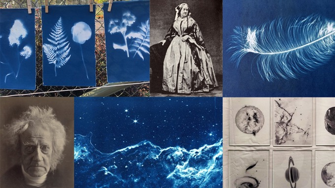 En tvättlina med fotografiska bilder av växter och planeter