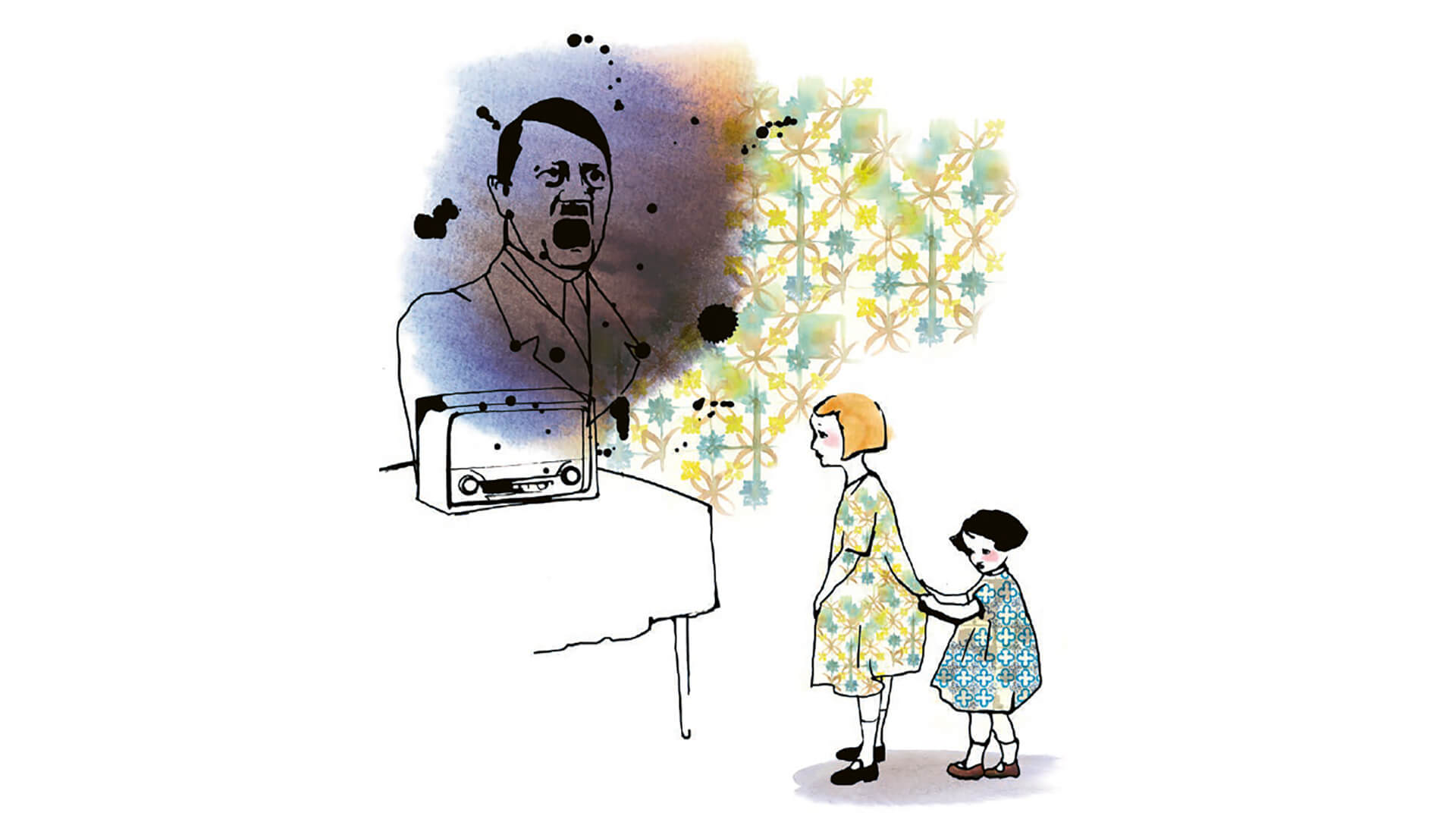 Illustration med Hitler en radio och två rädda barn. Illustratör Stina Wirsén.