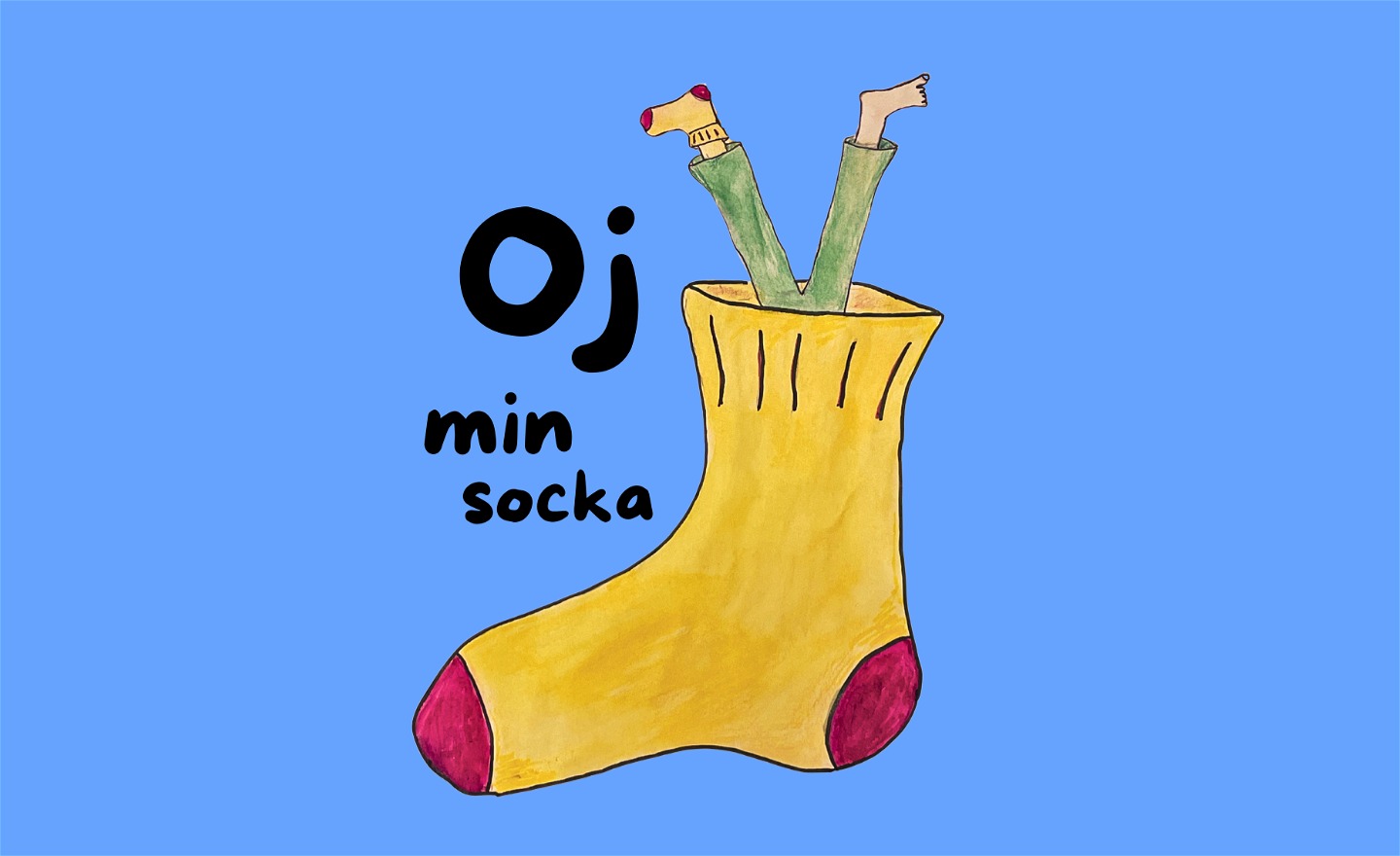 en stor gul socka mot blå bakrund, det sticker upp två ben ur sockan.