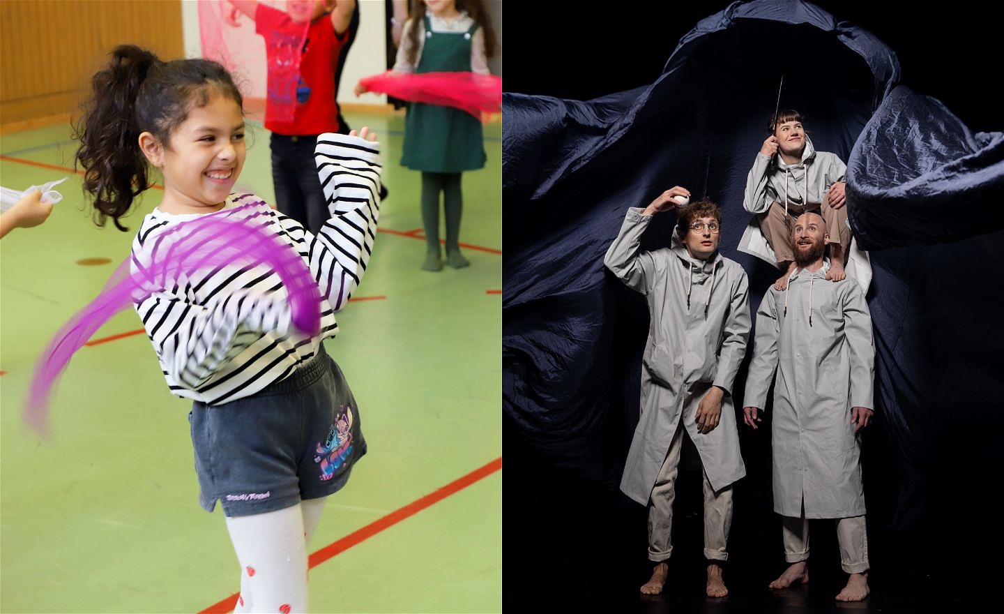 Barn som tränar cirkus i en gymnastiksal, och tre glada cirkusartister i ett konfettiregn.