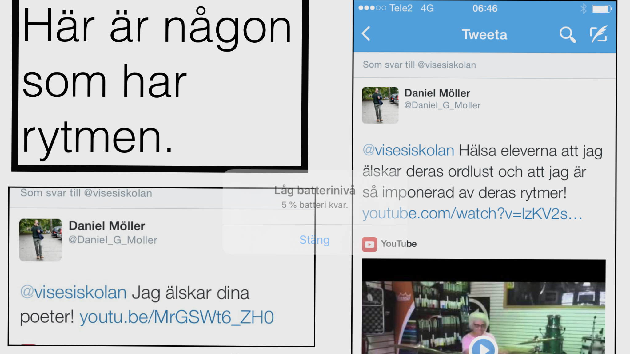 foto av en twitterkonversation. författaren daniel möller skriver till läraren malin larsson på twitterkontot @visesiskolan. "jag älskar dina poeter". " hälsa eleverna att jag älskar deras ordlust och att jag är så imponerad av deras rytmer".