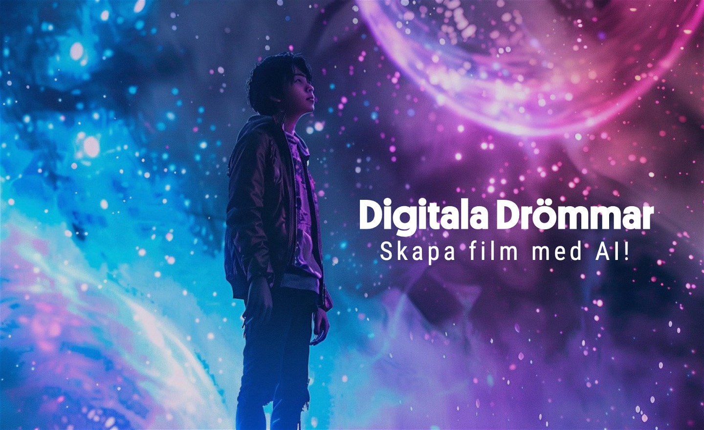 En bild på en pojke som står mot en lila och rosa bakgrund. 