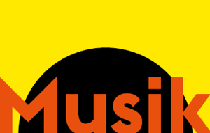 Grafisk bild med ordet Musik i orange på en bakgrund med gula och svarta färgfält.