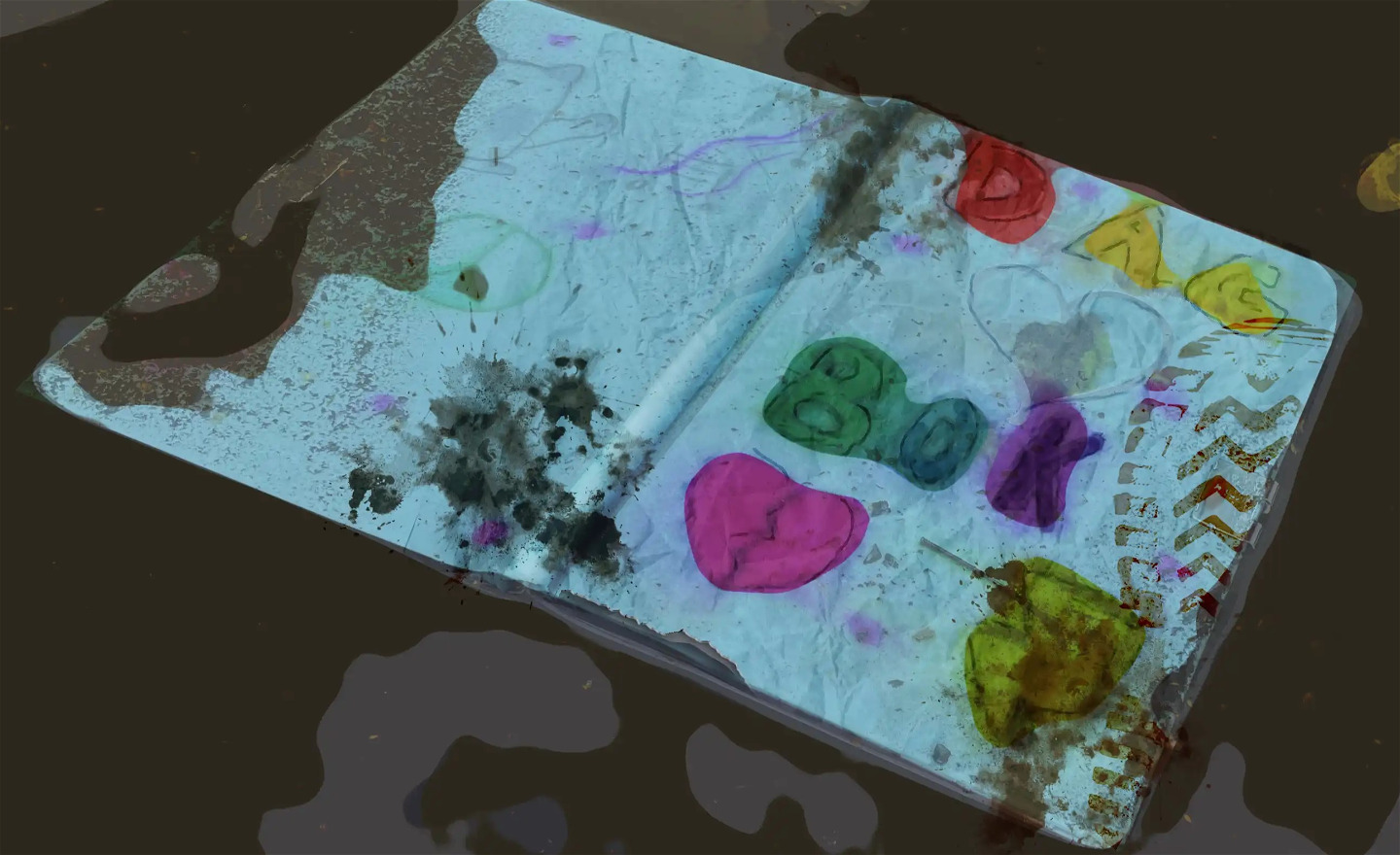 Bilden föreställer en dagbok slängd i en vattenpöl