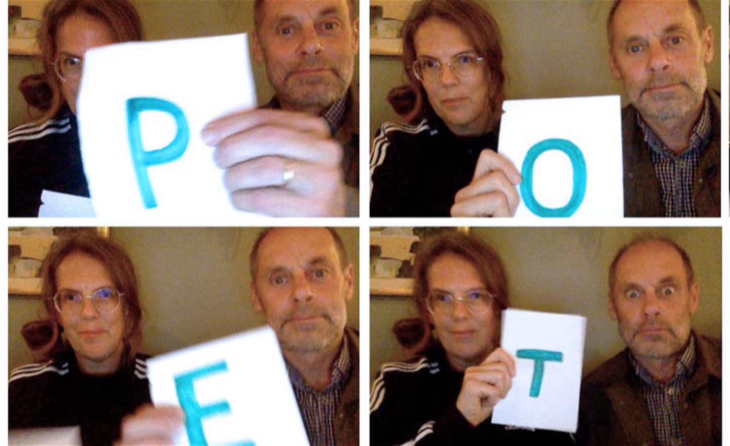 Petter och Sara håller upp lappar med bokstäver som tillsammans bildar ordet 