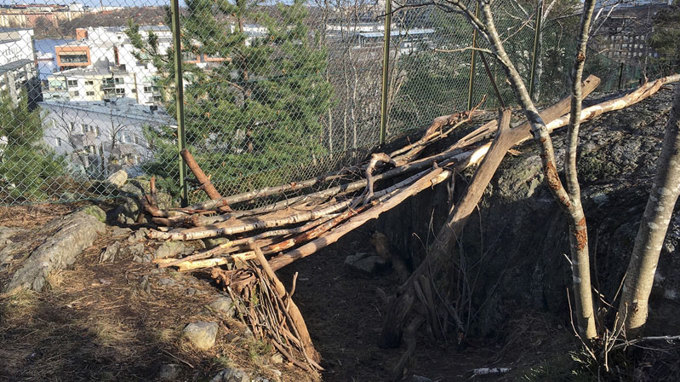 En koja byggd mellan två stora klippblock.