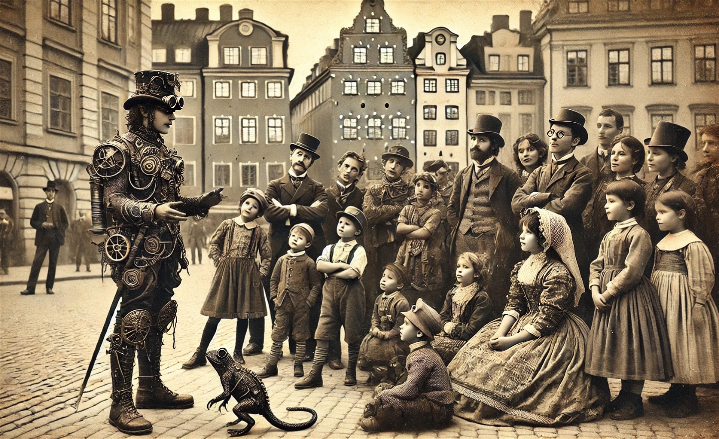 I genererad bild som visar en berättarmagiker i Gamla stan. Hen är omgiven av en publik. Bilden är i steampunk stil och påminner om ett foto från 1900-talets början.
