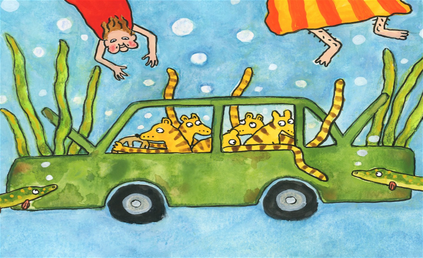 Illustration av en bil under vatten full med tigrar och två karaktärer som simmar ovanför.