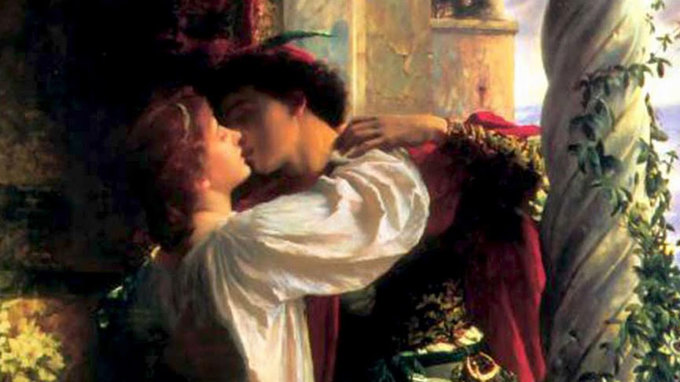 Oljemålning av en ung kvinna och man som kysser varandra.