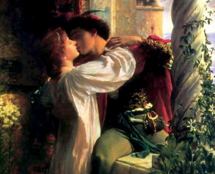 oljemålning av en ung kvinna och man som kysser varandra.