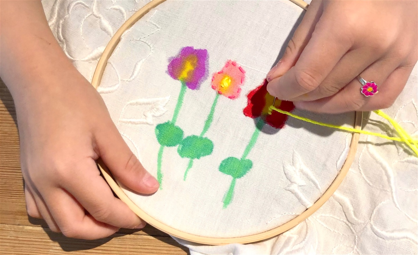 En bild av barnhänder som broderar tre blommor