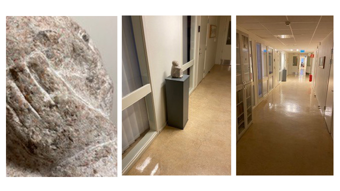 Tre foton som visar en stenskulptur. Den första så nära att bara en hand visas, den andra är på en piedestal, på den tredje är figuren långt bort i en korridor.