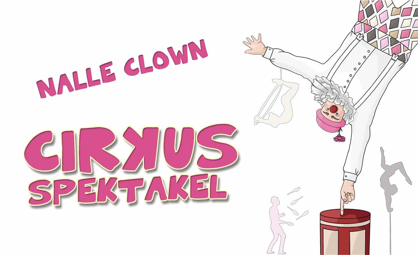 Tecknad bild på Nalle clown som står på en hand på en cirkus pall. andra artister syns som siluetter i bakgrunden
