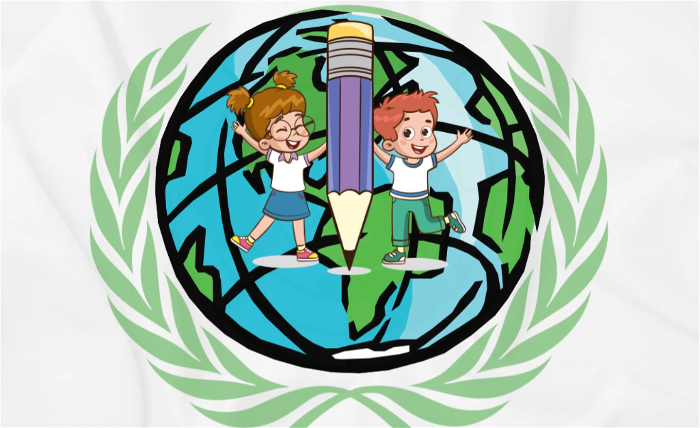 Teckning av två barn som håller en jättestor blyertspenna framför en jordglob.