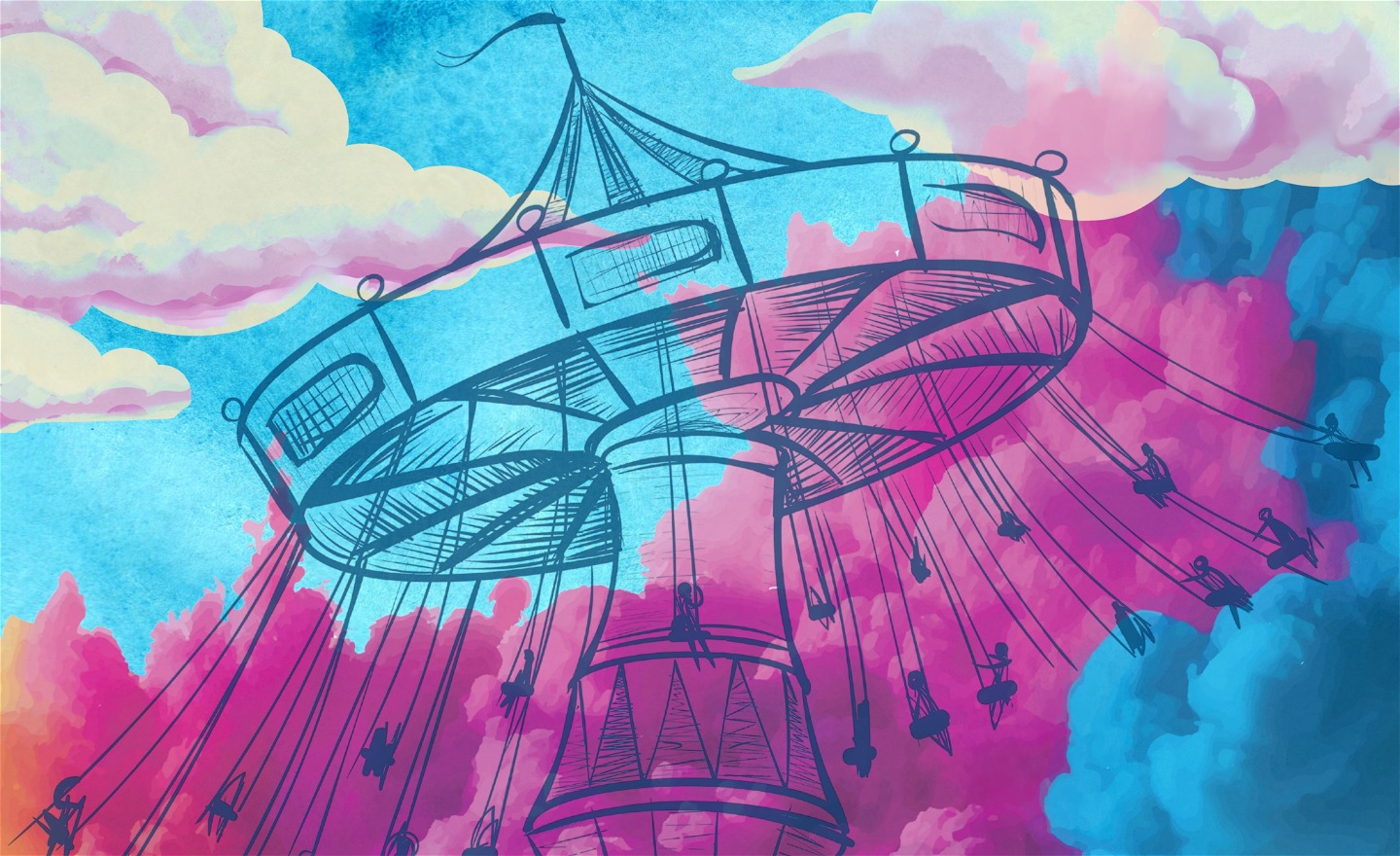 Blå himmel och drömska färgglada moln i bakgrunden och en slänggunga i förgrunden