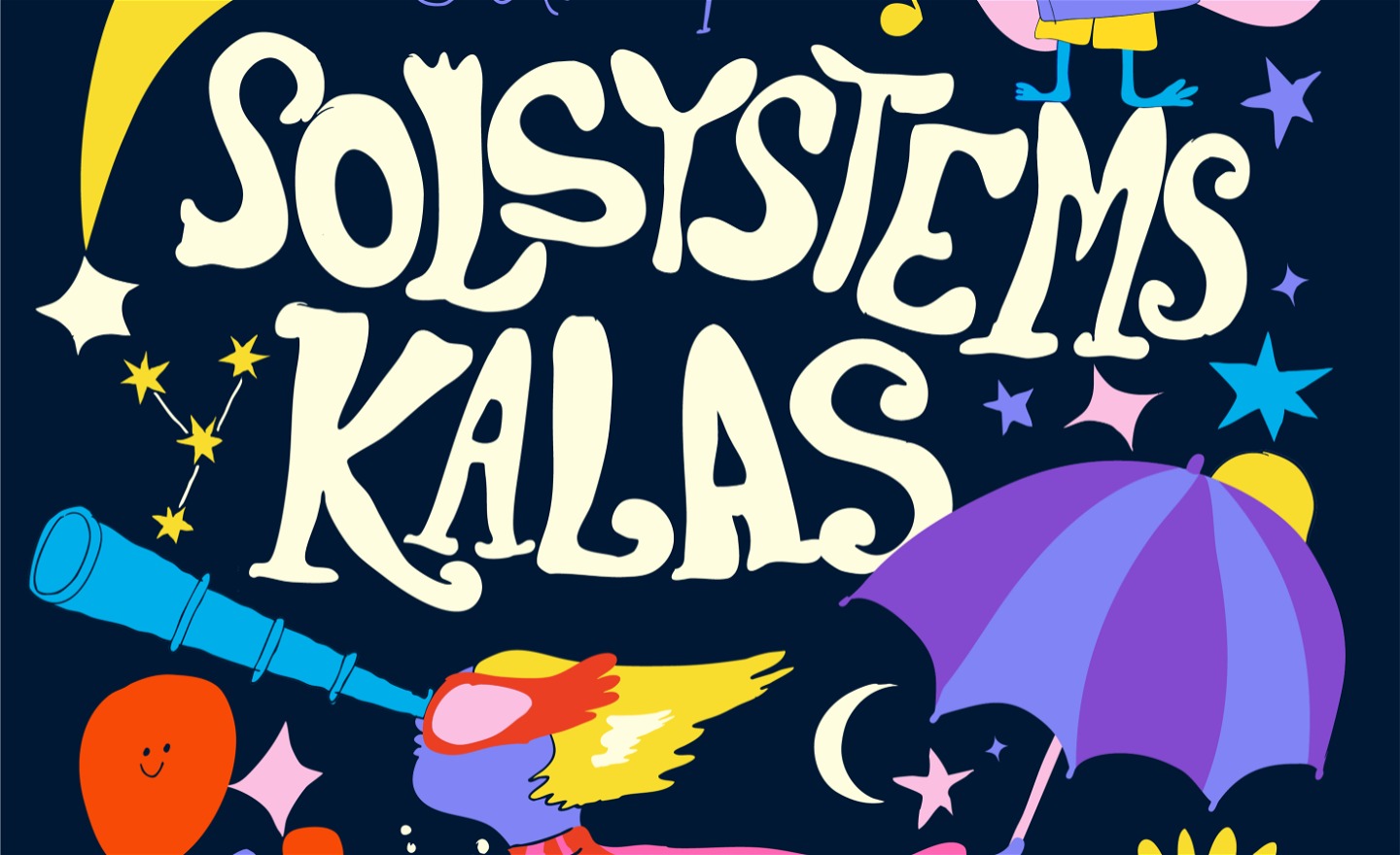 En bild med föreställningens titel samt olika rymdsaker illustrerat 