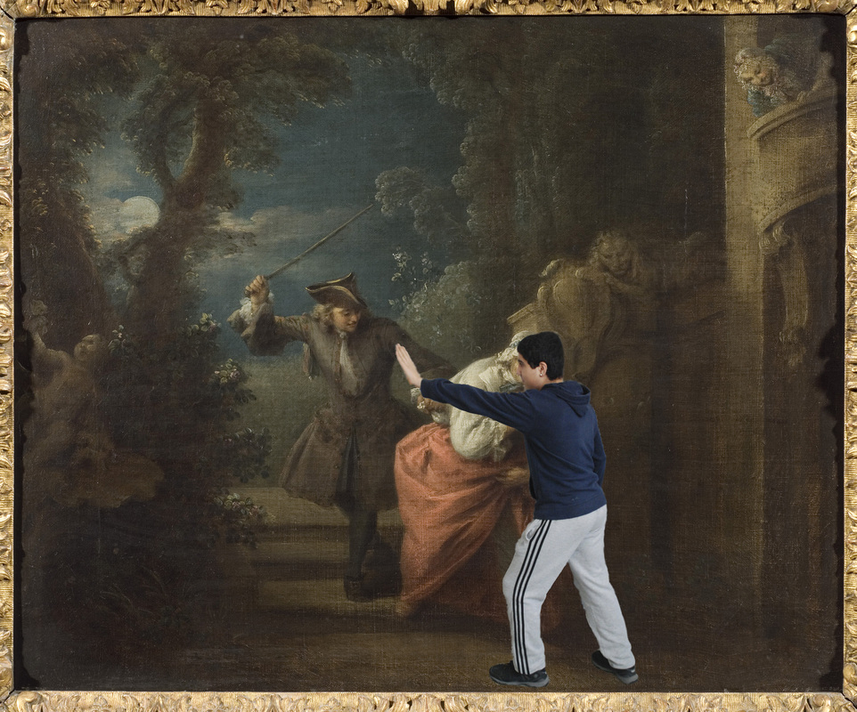 foto av en oljemålning från 1700- talet. en man pryglar en kvinna och genom fotomontage har en elev lagt in sin bild i målningen och visar med kroppsuttrycket att han försöker stoppa misshandeln.