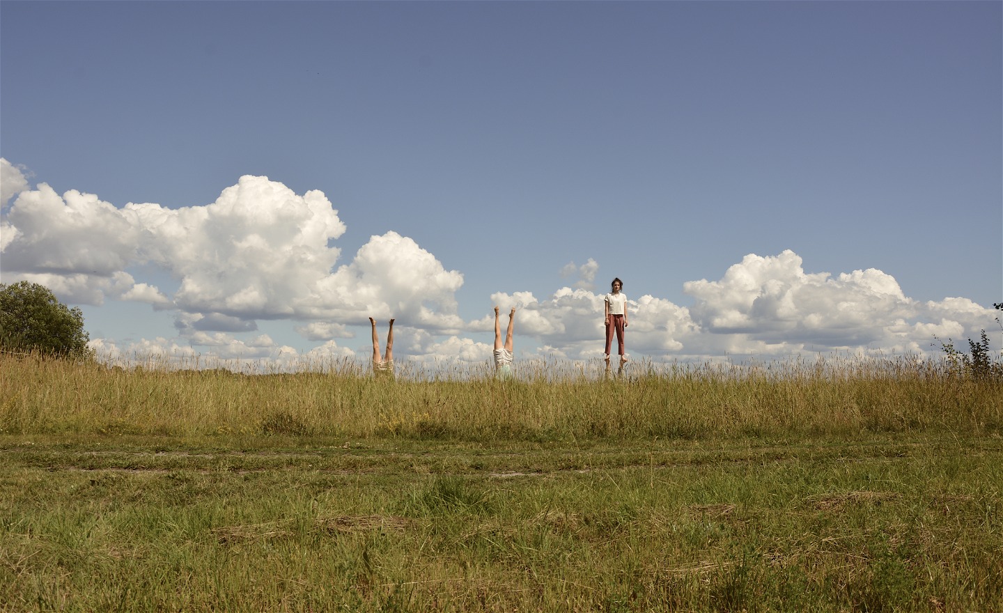 Tre cirkusartister på en äng.