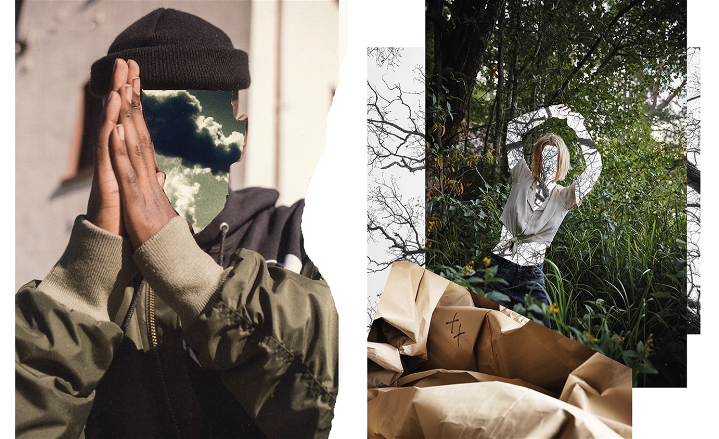 Ett fotokollage av en man som knäpper sina händer framör ansiktet ansiktet är ersatt av en bild av en grönaktiv himmel med moln.