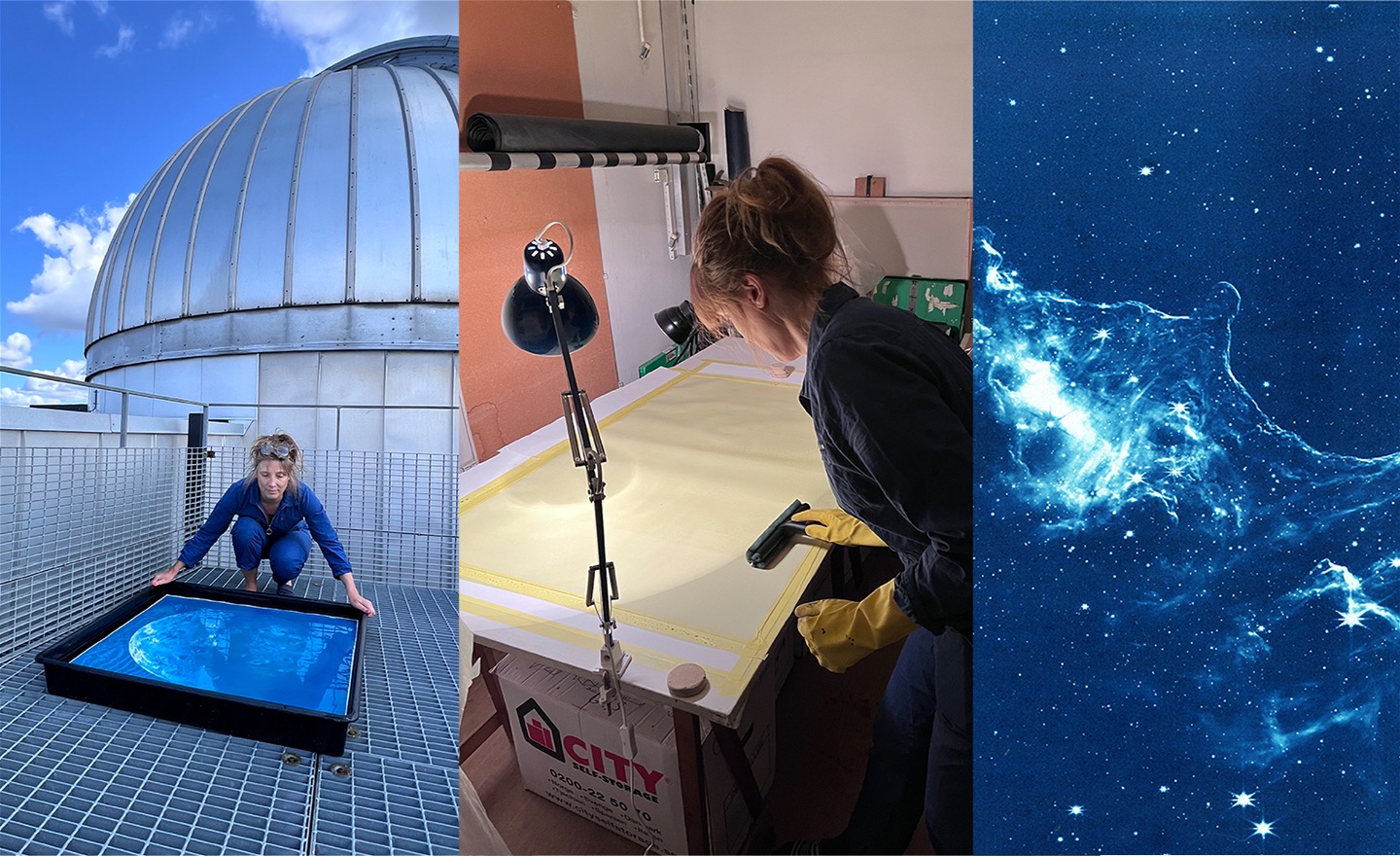 Collage med tre bilder. från vänster en bild av en kvinna vid ett observatorium som har en stor blå bild i en balja med vatten, i mitten en kvinna som bestryker ett stort papper med gul vätska i ett mörkrum, till höger en cyanotypi av en nebulosa.