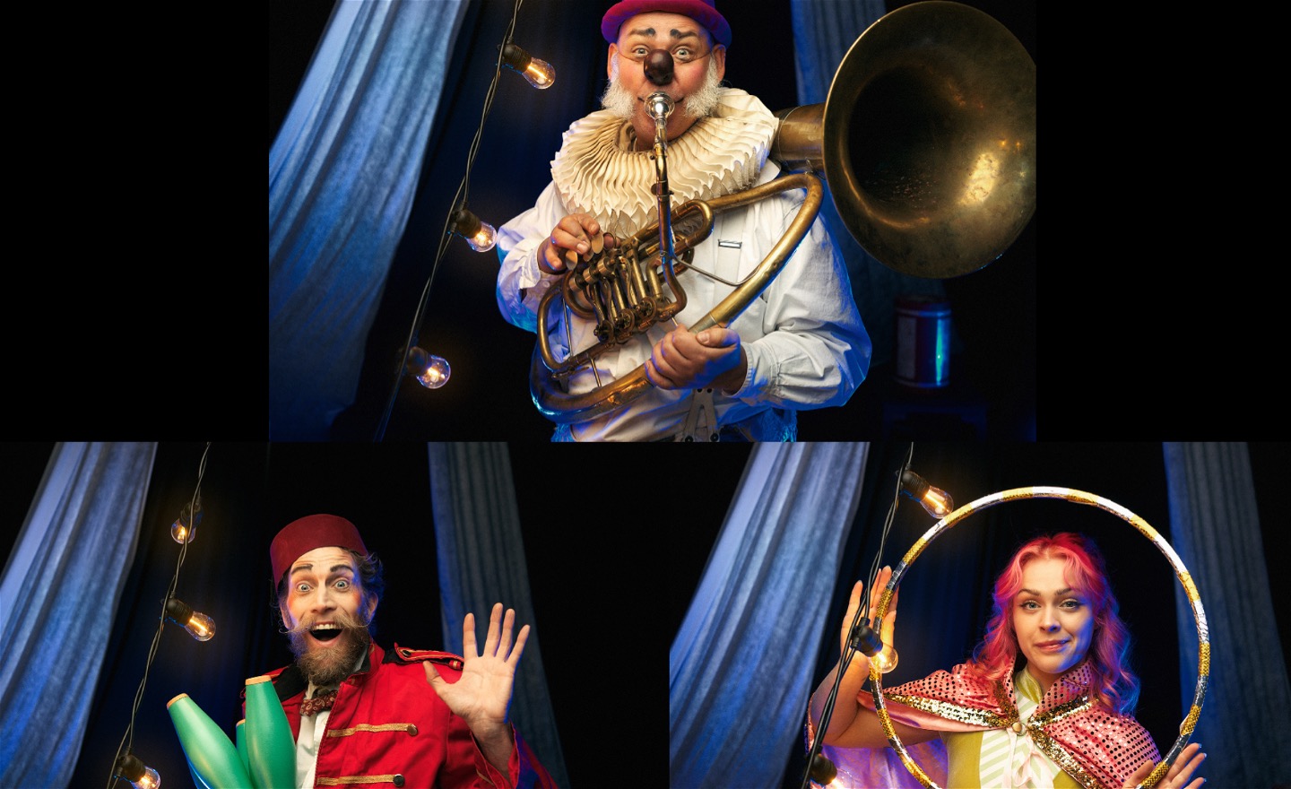 Närbild på Nalle Clown som spelar tuba