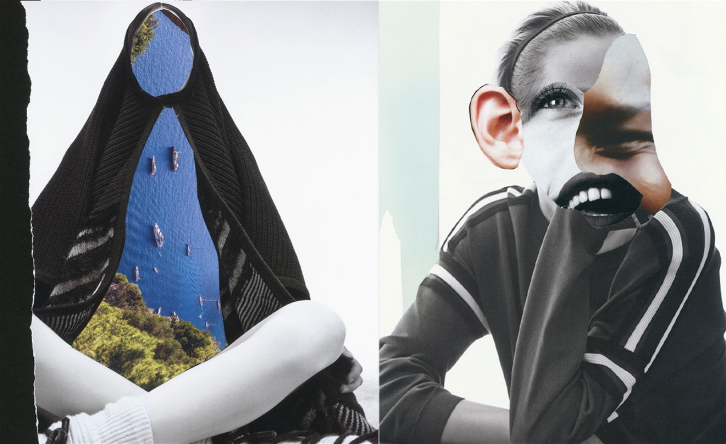 Två fotokollage. En person sitter i skräddare och istället för ansiktet ser vi en sjö med båtar. Det andra kolalget är ihopklippt av fyra olika bilder som skapar ett porträtt.