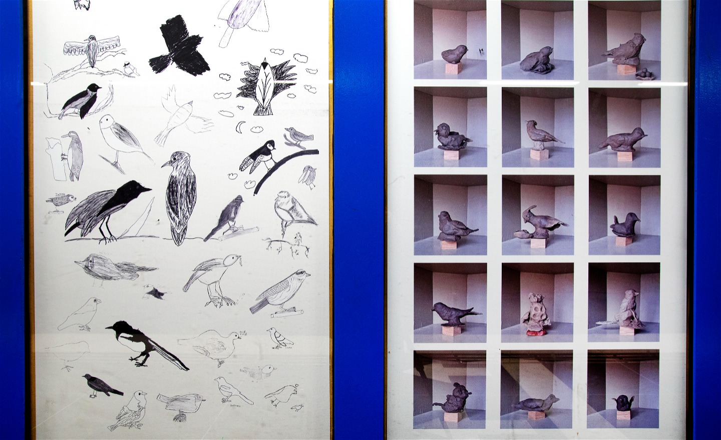 Bilder på fåglar, lerfigurer av djur