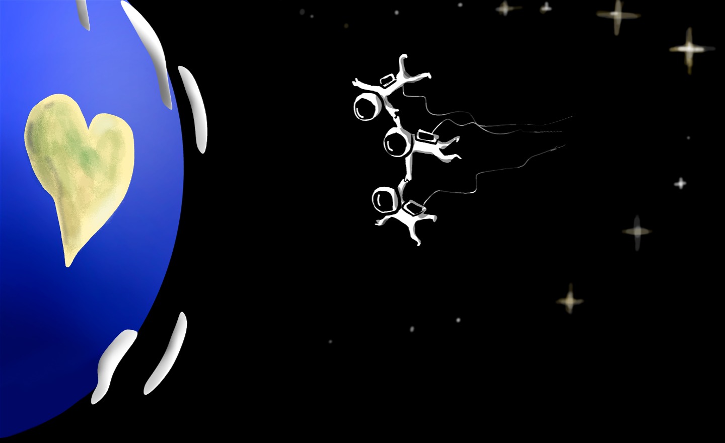 En tecknad bild med tre flygande vänner i rymden