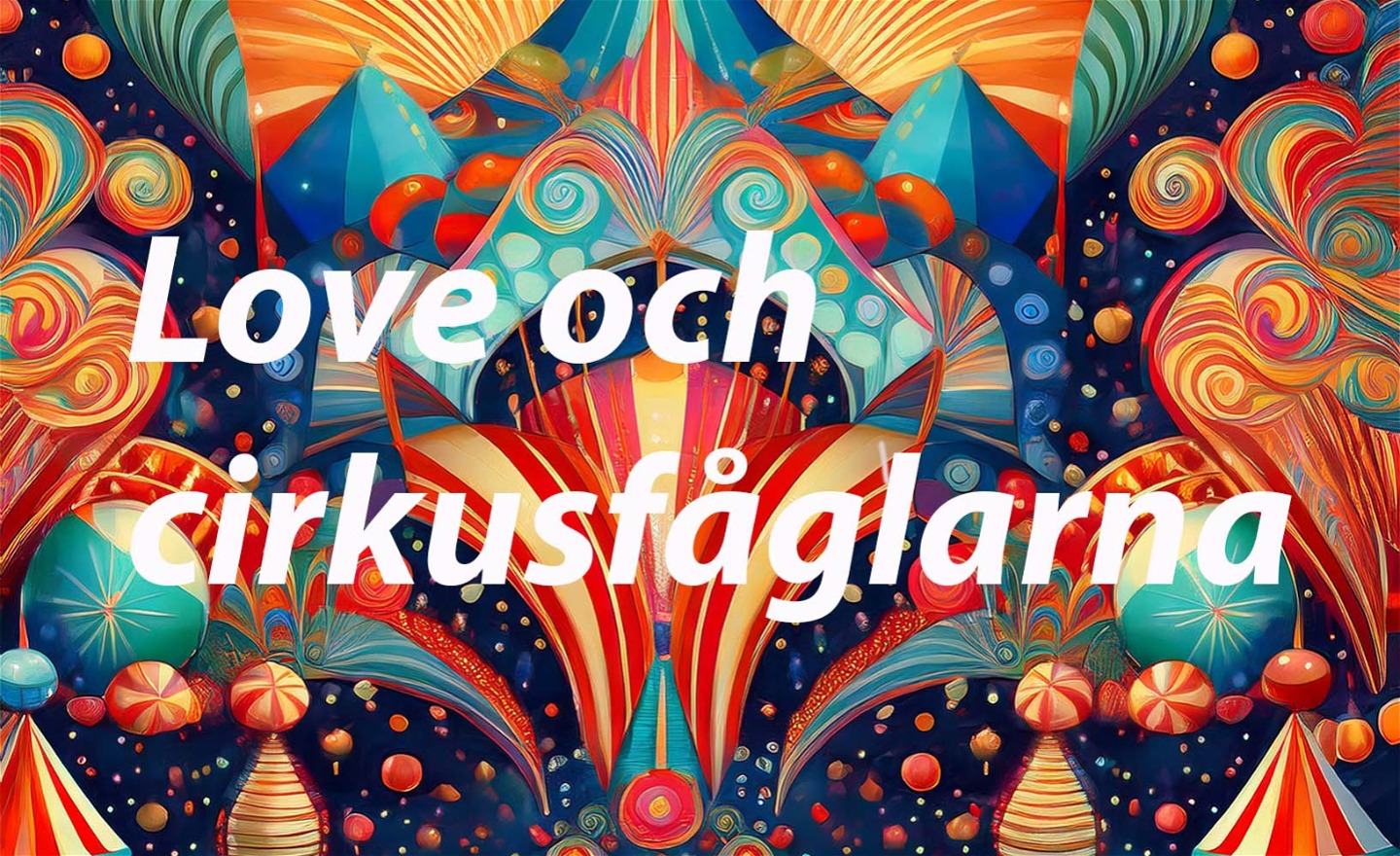 Illustrerad bild med cirkustema med texten Love och cirkusfåglarna