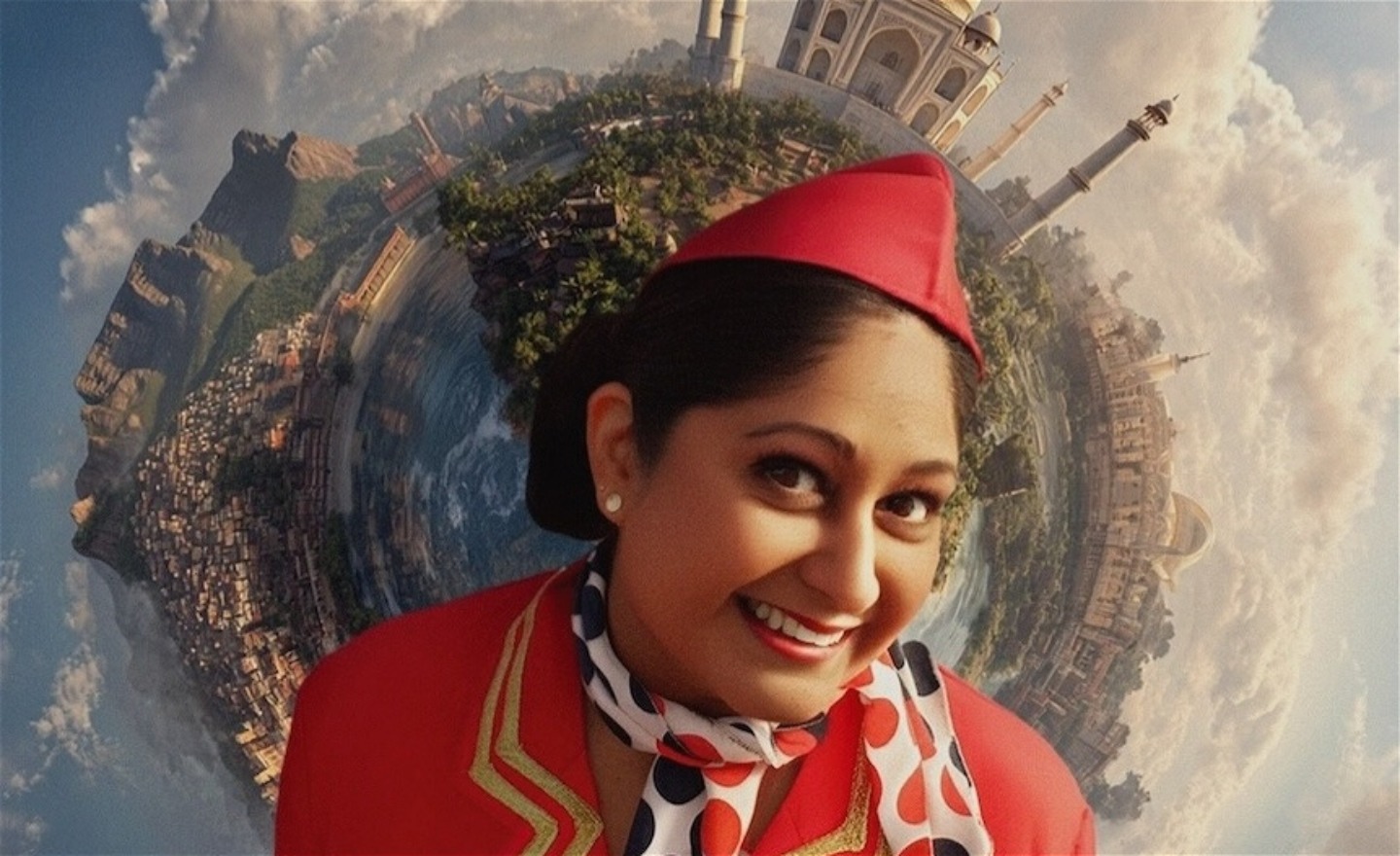 En bild av skådespelerskan Anna Mallika Wadström framför en stiliserad jordglob.