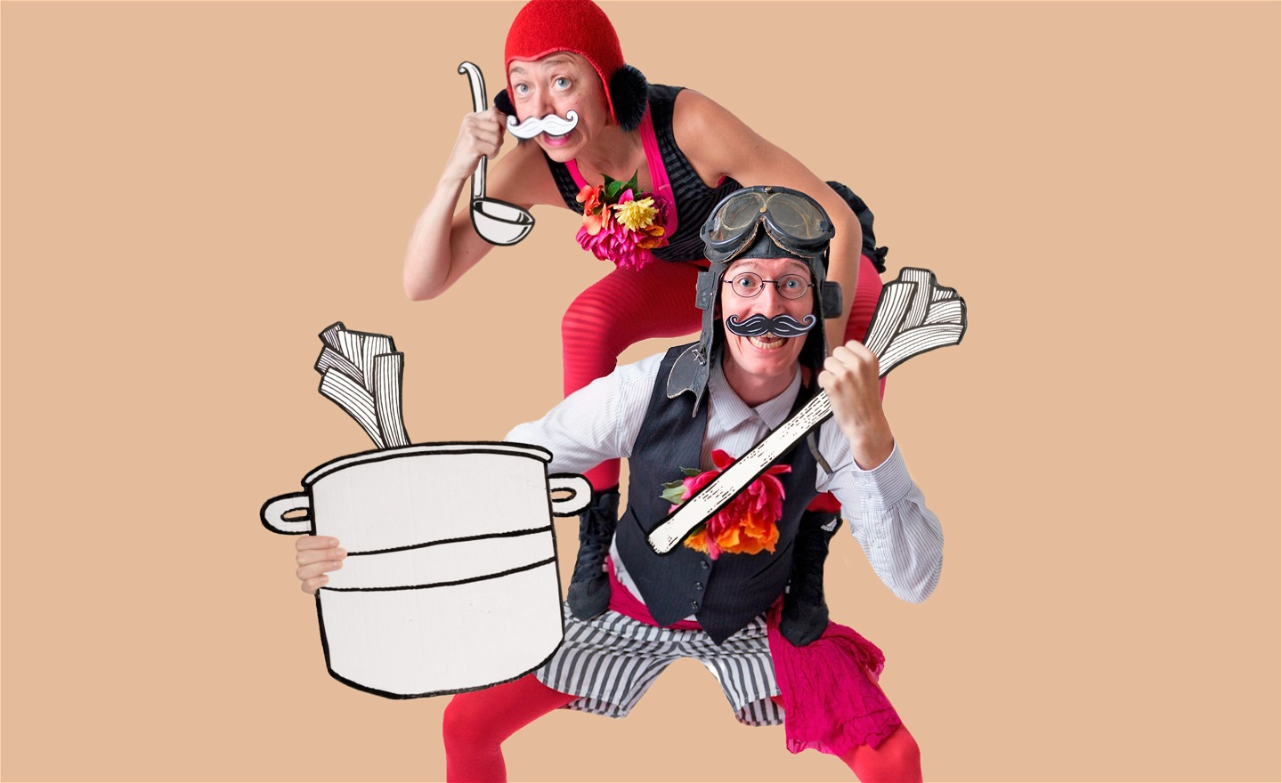 Två clowner klättrar på varandra. De håller i en tecknad gryta, soppslev och purjolök.