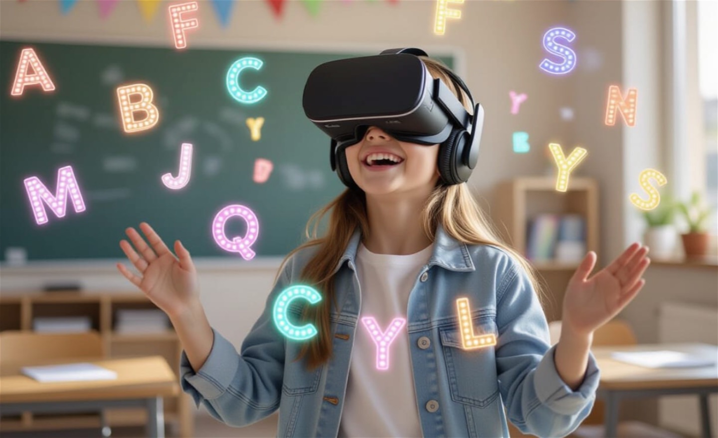 En flicka med ett VR-headset ser virtuella bokstäver flytandes i luften. Detta är en bild skapad med AI.