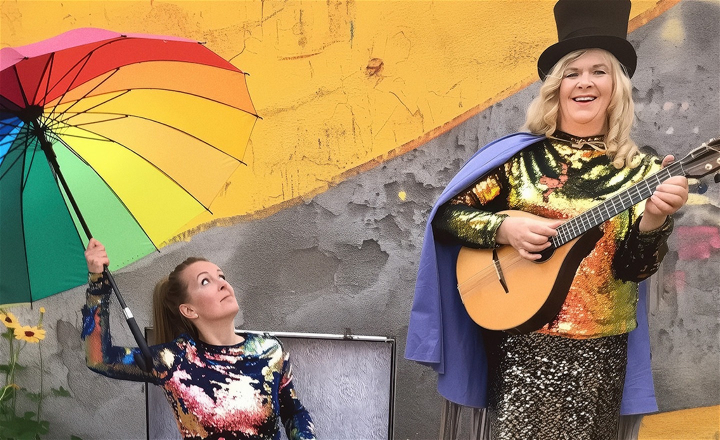 Emma sitter i en resväska med ett paraply i handen och tittar på Cecilia som spelar på en mandola