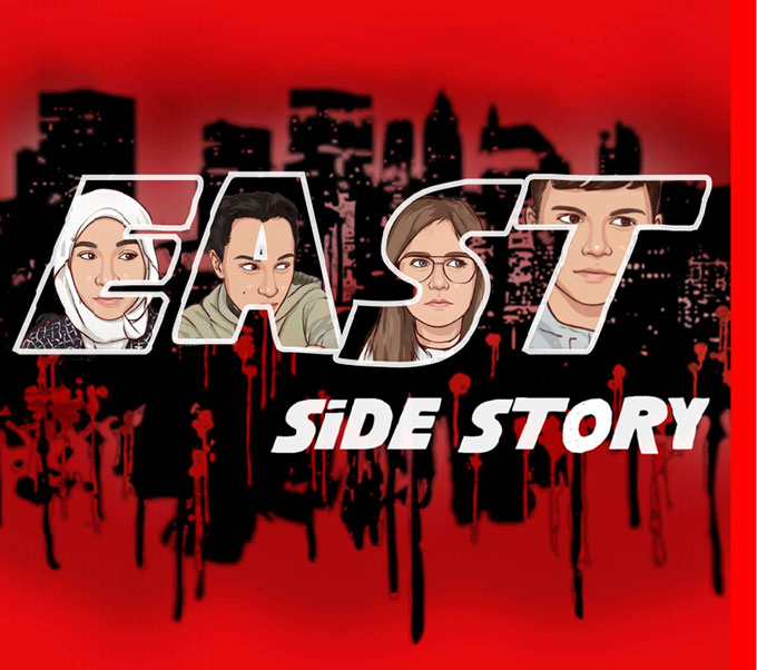 foto av ett program till musikalen east side story. i bokstäverna east finns tecknade ansikten av huvudpersonerna i musikalen.