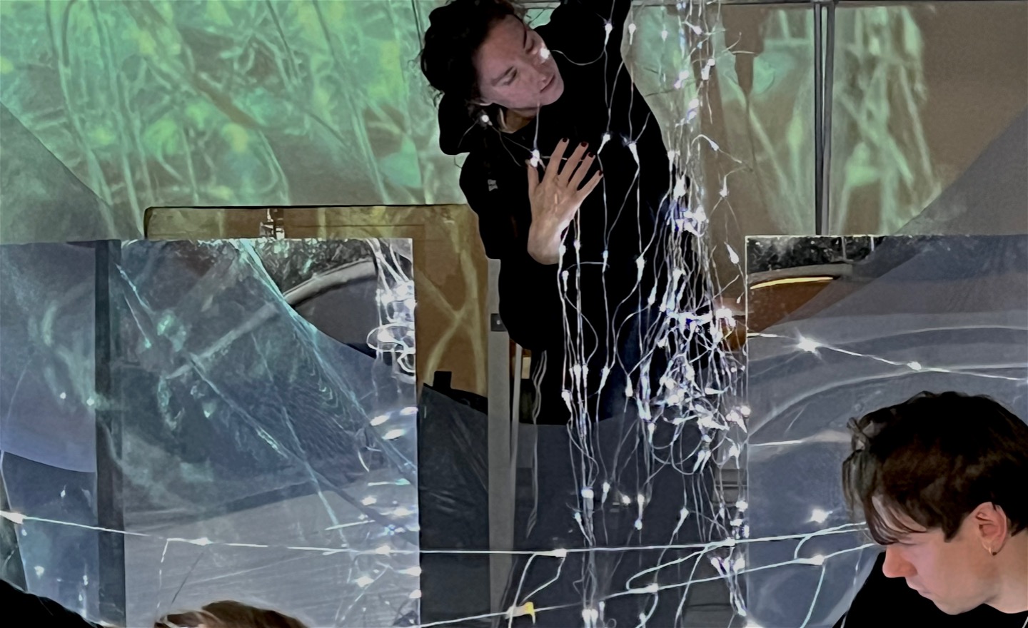 svartklädda dansare täckta av ljusnät framför en grönmönstrad bakgrund