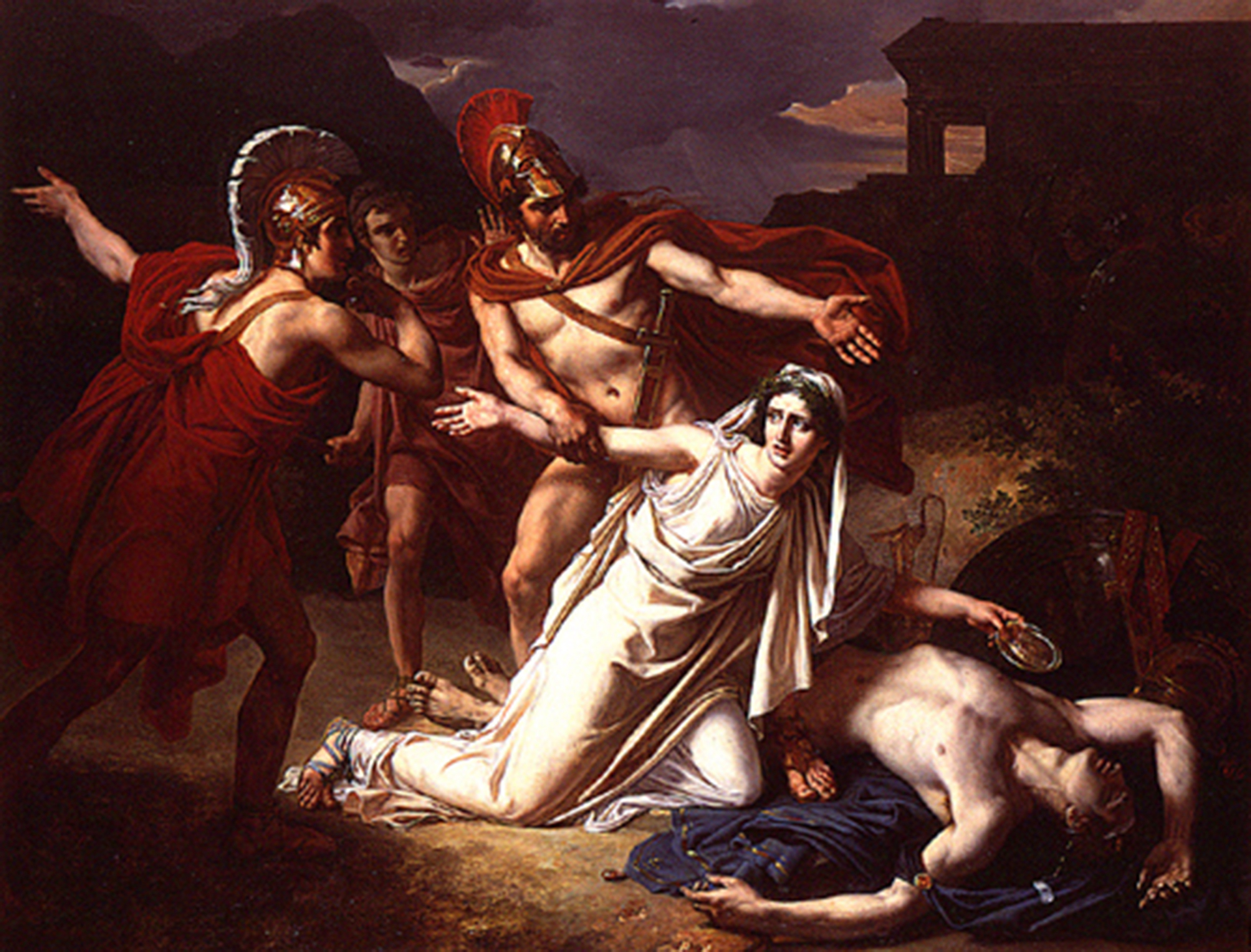 antigone fångas och arresteras för begravningen av hennes bror, polynices. målning.