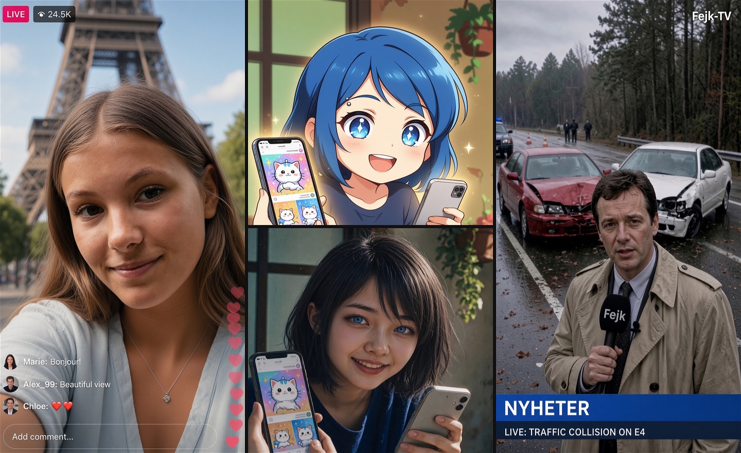 Fyra AI-genererade bilder från workshopen: en tonåring som livesänder framför Eiffeltornet, den fiktiva tonåringen Agnes som anime och som foto, och en fejkad nyhetsreporter vid en bilolycka.